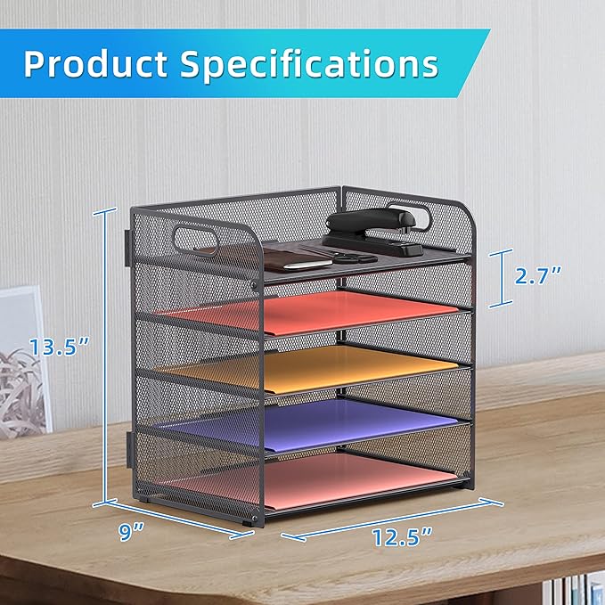 Supeasy 5 Trays Paper Organizer Letter Tray with Handle-Mesh Desk File Organizer, Grey Paper Sorter Desk Organizer for Office, Home or School