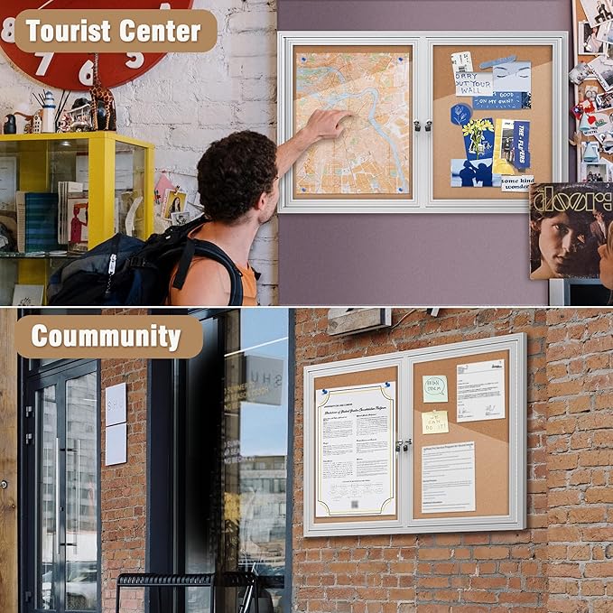 48"x30" Enclosed Bulletin Board, Outdoor Lockable Weather-Resistant Aluminum Cork Noticeboard for School & Office, Silver Frame w/Cork