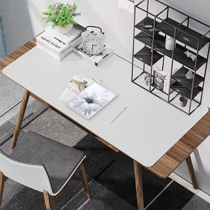 Leather Desk Protector, 47in*23.7in Large Mat with Natural Cork & PU Leather, Mouse Pad, Non-Slip Office Mat, Waterproof Writing Pad for Office and Home (Ivory White)