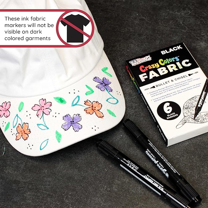 Super Markers Black Dual Tip Fabric & T-Shirt Markers, Set of 6 - Double-Ended with Chisel Point and Fine Point Tips - Permanent Vibrant Ink - Outline Clothing Designs Decorate Clothes