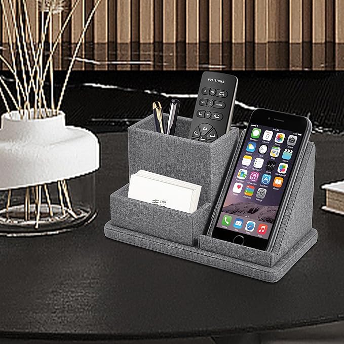 Multi-Function Pen/Pencil Holder-Linen Leathe Excellent Cell Phone Touch Screen Solution Holde-Business Card Holder/Sticky Note Tray,Desk Organizer for Office Supplies,Desktop Caddy,Grey