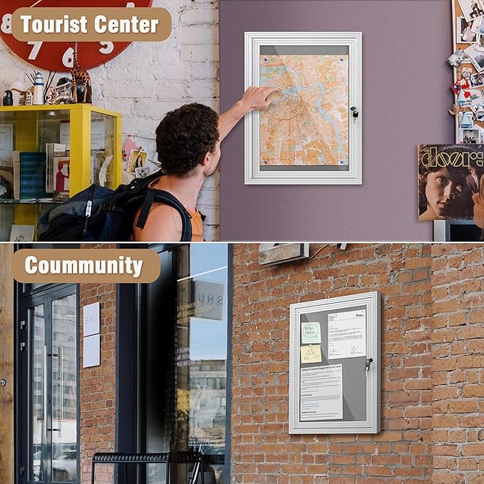 26"x20" Enclosed Bulletin Board, Outdoor Lockable Weather-Resistant Aluminum Cork Noticeboard for School & Office, Silver Frame w/Grey Flet