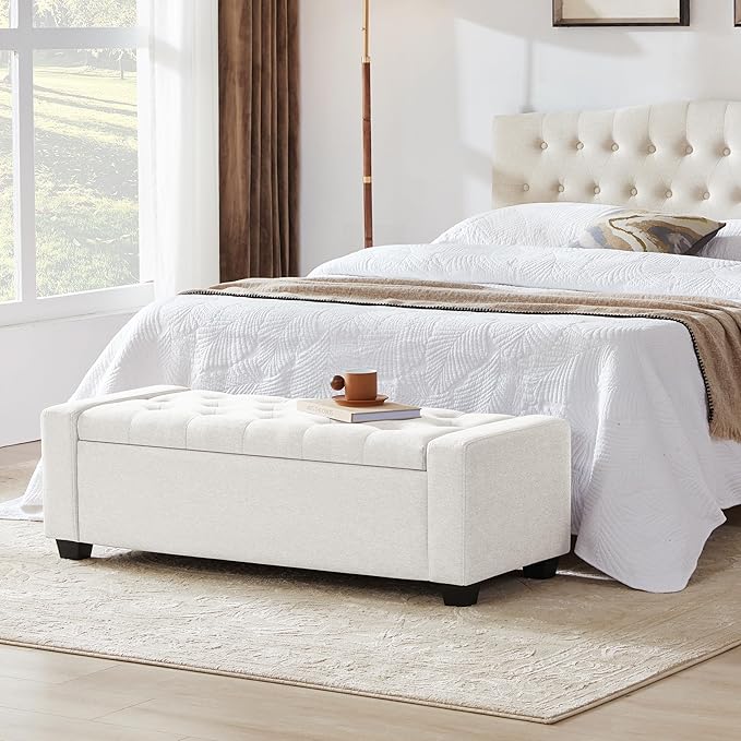48" Ottoman with Storage, White Storage Ottoman Bench with Safety Hinge, Upholstered Entryway Bench with Seating for Bedroom, Living Room, Holds up to 330 lb