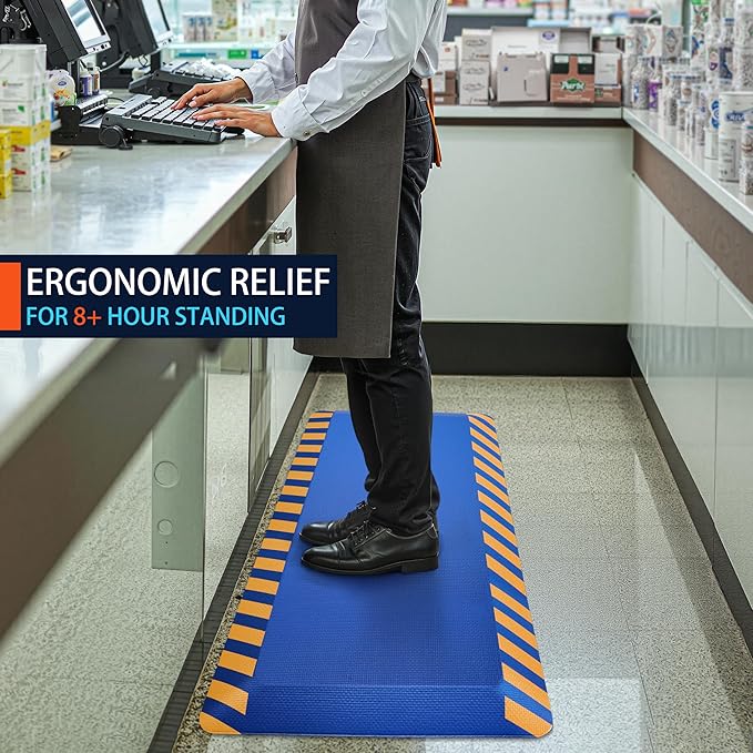 FEATOL Anti Fatigue Mats Industrial 2 Packs, Ergonomic Standing Floor Mat for Work for Stand, Blue with Yellow Border Safety 20" x 59"-Support for Leg & Back Pain