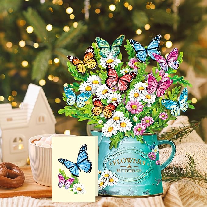 Airpark Pop Up Flower Cards, Paper Flowers Bouquet 12’‘ Daisies and Butterflies 3D Popup Greeting Cards with Blank Note Card and Envelope, Birthday,Easter, Get Well Cards Gifts for Women Mother