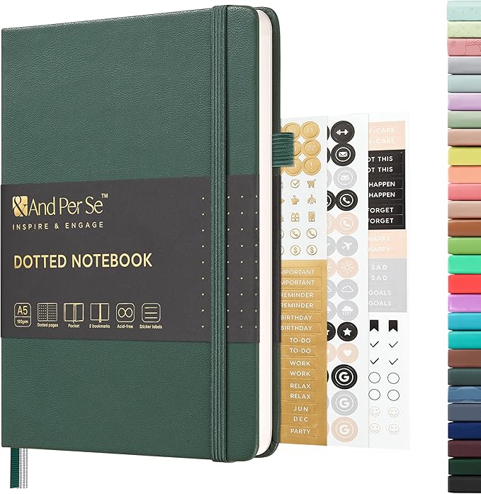 &And Per Se Dotted Journal Notebook, A5 Hardcover Leather Journal, 160 Pages 100 gsm Thick Dotted Paper,3 Sheets of Stickers Included - 5.7'' x 8''(Green)