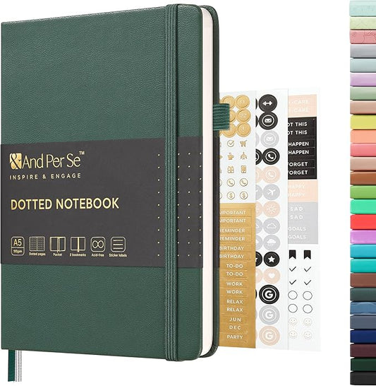 &And Per Se Dotted Journal Notebook, A5 Hardcover Leather Journal, 160 Pages 100 gsm Thick Dotted Paper,3 Sheets of Stickers Included - 5.7'' x 8''(Green)