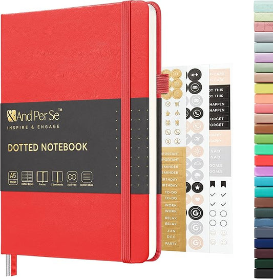 &And Per Se Dotted Journal Notebook, A5 Hardcover Bullet Dotted Journal, 160 Pages 100 gsm Thick Dotted Paper, 3 Sheets of Stickers Included - 5.7'' x 8''(Red)