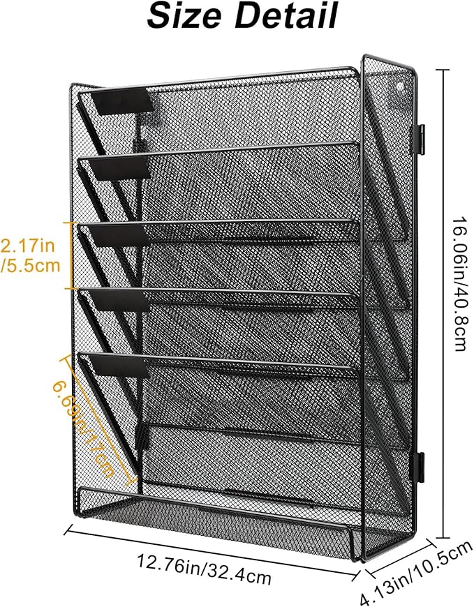 EasyPAG 6 Tier Wall File Holder with Flat Tray, Black | Easy Assemble Mesh Desk File Organizer | 5-Folder Paper Storage | Replaceable Classify Labels | Space Saving Mail Organizer for Office Home