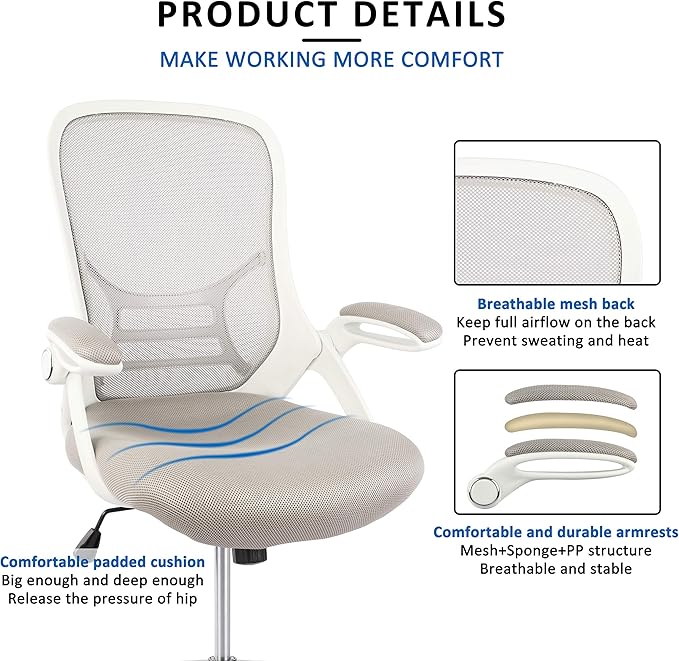HYLONE Drafting Chair, Tall Office Chair Standing Desk Stool with Adjustable Foot Ring, Flip-Up Arms, Mesh High-Back Drafting Table Chair, White & Grey