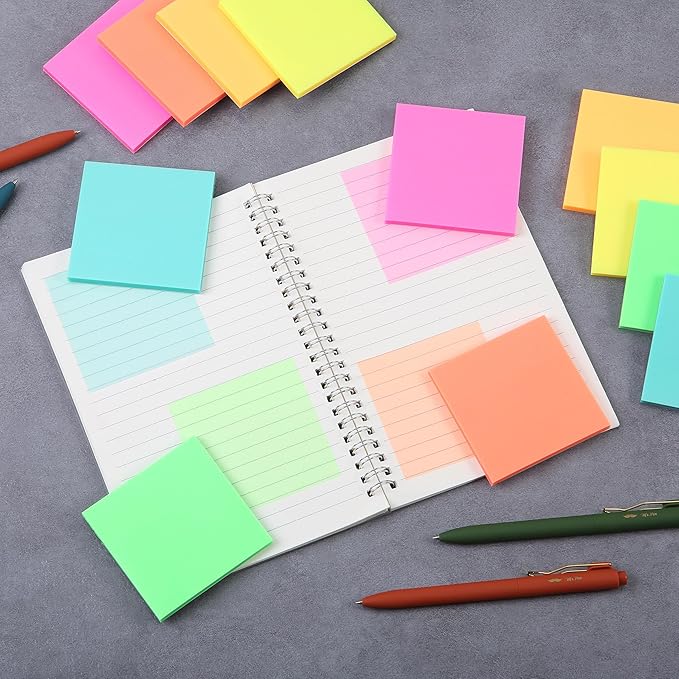 Mr. Pen- Plastic Sticky Notes, 3”x3”, 12 Pads, 600 Sheets, Vivid Palette Sticky Notes, Sticky Note, Self-Stick Note Pads, Sticky Pads Sticky Notes Aesthetic, Colorful Sticky Notes Bulk Sticky Notes