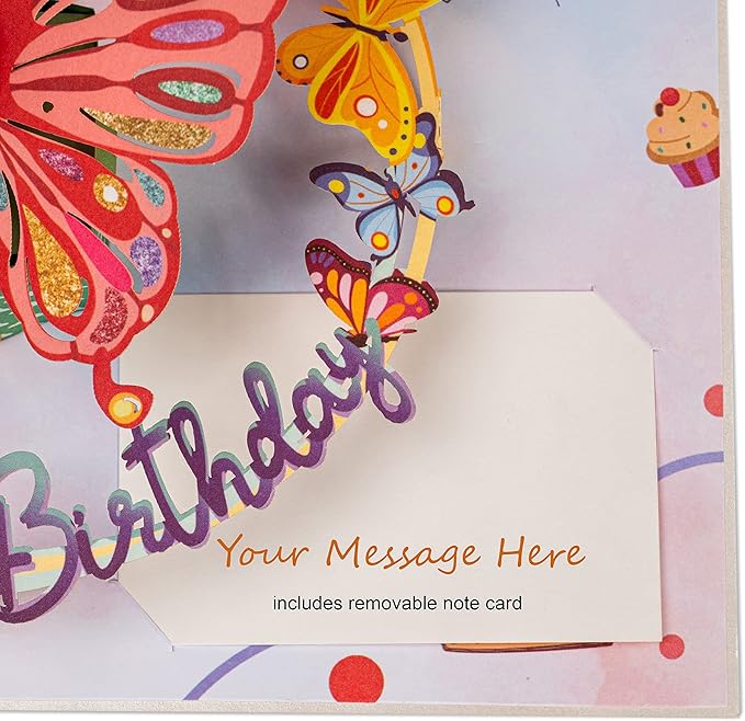 Paper Love 3D Pop Up Birthday Card, Butterfly, For Adults and Kids - 5"x7" Cover - Includes Envelope and Note Tag