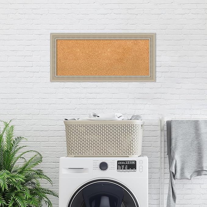 Amanti Art Natural Cork Board for Wall, 16x34 Vision Board with Silver Wood Frame, Medium Corkboard Office Decor for Home Organization, Modern Contemporary Corkboard Pinboard to display items for home