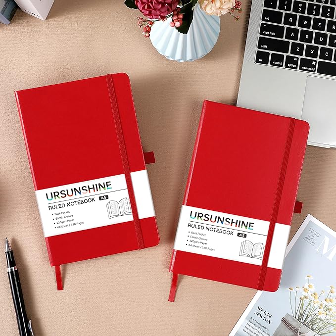 Ruled Notebook/Journal - Classic Lined Journal/Notebook, 5.3'' x 8.26'', Hardcover with Thick Paper, Banded + Pen Holder +Inner Pocket - Red