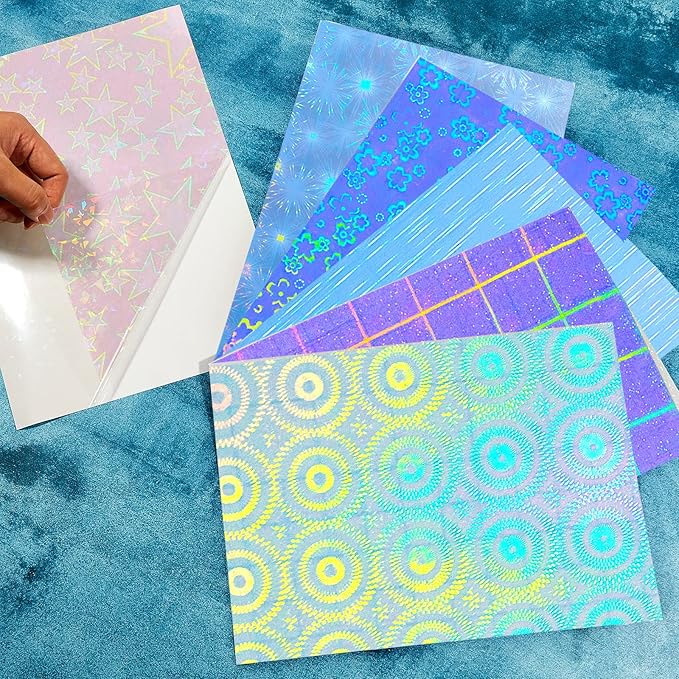 36 Sheets Holographic Sticker Paper Clear A4 Vinyl Sticker Paper Self Adhesive Waterproof Transparent Film Gem Rainbow Star Patterns, 11.7 x 8.3 Inch (Line,Lattice,Firework,Gear,Flower,Pentagram)