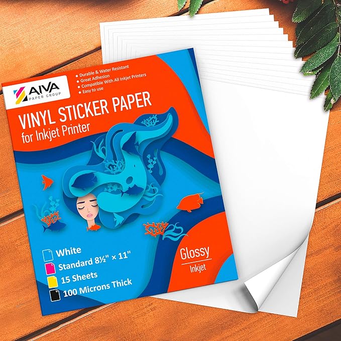 Limia's Care Printable Vinyl Sticker Paper for Inkjet Printer - Glossy White - 15 Self-Adhesive Sheets - Waterproof Decal Paper - Standard Letter Size 8.5"x11"
