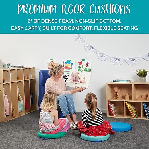 Factory Direct Partners SoftScape 15 inch Round Classroom Floor Cushions with Handles; Flex Seating for Daycare, Preschool, Playroom; 2 inch Thick Deluxe Foam (6-Piece) - Gray/Light Gray, 11232-GYLG