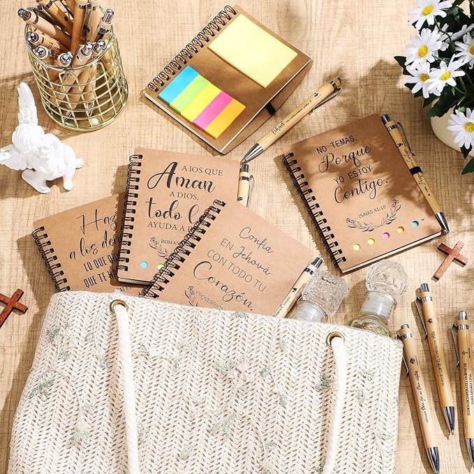 20 Pcs Spanish Christian Gifts Bulk Religious Notebooks with Bible Verse Pens,Inspirational Spiral Prayer Journal and Pen Set Church Gifts for Women Men Sunday Church Party Favors (Kraft)