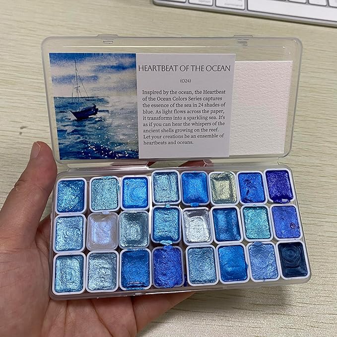 Mini Glitter Watercolor Paint Set with Paper, 24 Colors Shimmer Metallic Watercolour Painting Sets, Solid Pearl Water Color Paints for Adult, Kids, Blue 1ml Trial Pack(Heartbeat of the Ocean)