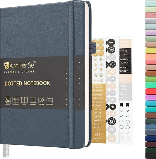 &And Per Se Dotted Journal Notebook, A5 Hardcover Bullet Dotted Journal, 160 Pages 100 gsm Thick Dotted Paper, 3 Sheets of Stickers Included - 5.7'' x 8''(Dark Blue)