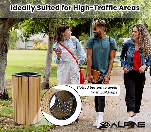 Alpine 32 Gallon Commercial Outdoor Trash Can - Heavy Duty Garbage Can Outdoor, Industrial Open Top Trash Can with Plastic Panels for Patio, Parks, Trails, Resorts (Flat Lid - Cedar)