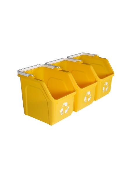 6 Gallon Stackable Recycling Bins for Homes, Garages, Offices Made of 100% Recycled Plastic - (Yellow, 3 Pack)