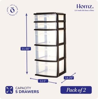 HOMZ 2-Pack 5-Drawer Storage Unit, Home & Office Plastic Organizer, Black Frame
