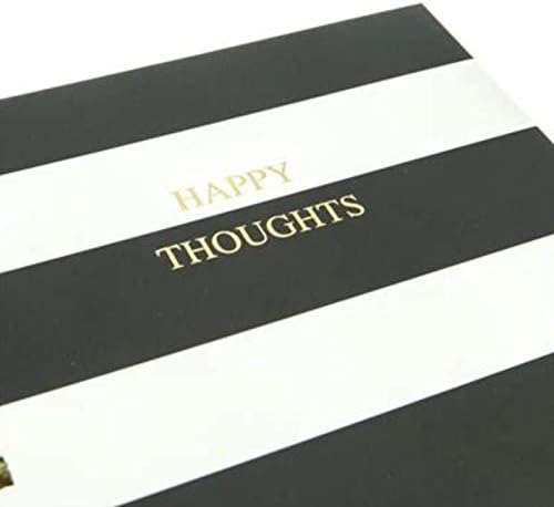 Graphique Classic Charm Hard Cover Journal w/ Elegant Black and White Stripes & "Happy Thoughts" in Embellished Gold Foil Across the Cover, 160 Ruled Pages, 6.25" x 8.25" x 1"