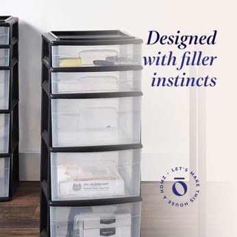 HOMZ 2-Pack 5-Drawer Storage Unit, Home & Office Plastic Organizer, Black Frame