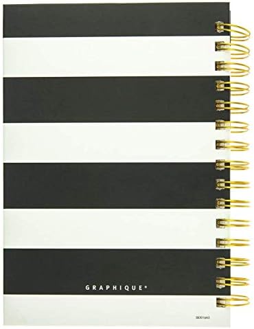 Graphique Classic Charm Hard Cover Journal w/ Elegant Black and White Stripes & "Happy Thoughts" in Embellished Gold Foil Across the Cover, 160 Ruled Pages, 6.25" x 8.25" x 1"
