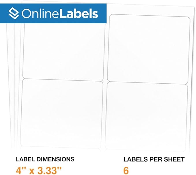 4 x 3.33 Rectangle Shipping Labels - Permanent, White Matte - Wine, Pallet Labels - 6-Up - Pack of 1,500 Labels, 250 Sheets - Inkjet/Laser Printers - Online Labels