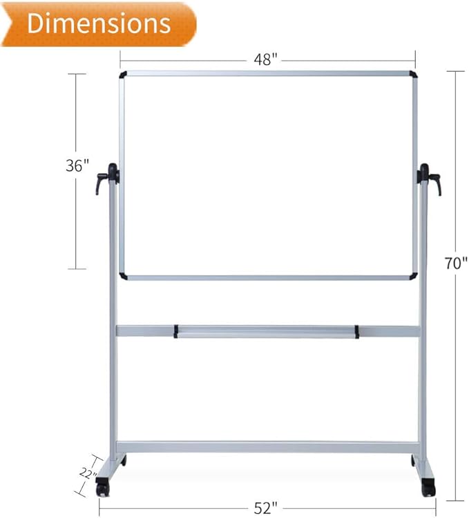 VIZ-PRO Double-Sided Magnetic Mobile Whiteboard, 48 x 36 Inches, Aluminium Frame and Stand