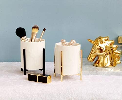 Gold Pencil Cup Sturdy Metal Frame With White Ceramic Pen Holder For Desks and kitchen Appliance Holders