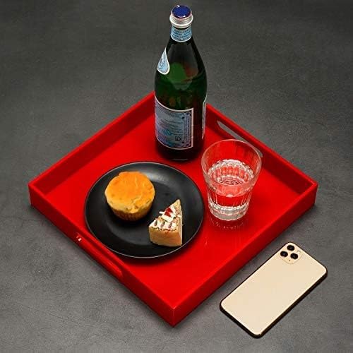 Sturdy Red Acrylic Serving Tray with Handles - 10x10Inch, Coffee/Appetizer/Butler Tray - Kitchen Countertop & Vanity Table Organizer