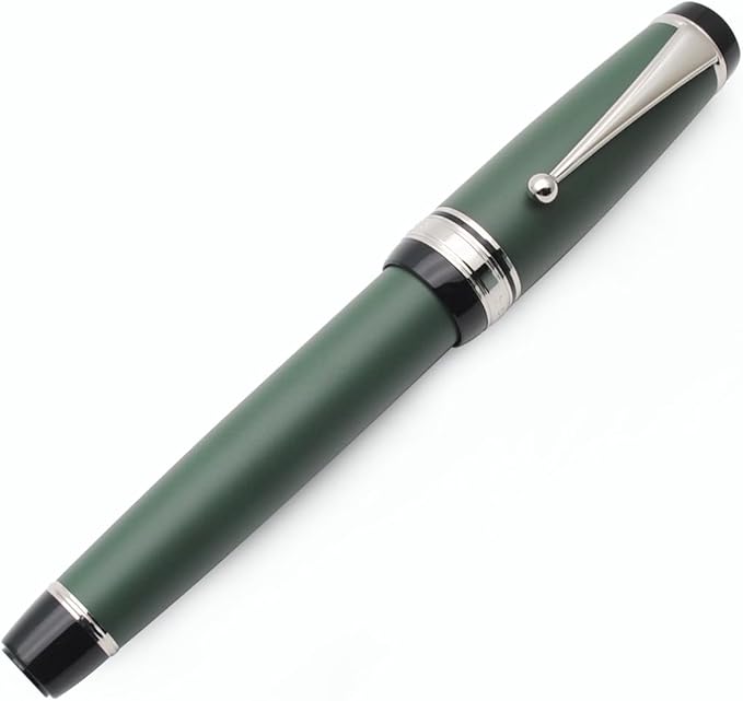 Metal Big Fountain Pen Set Medium Nib 0.7mm, Includes Ink Refill Converter, 5 Ink Cartridges & Gift Box (Medium Nib 0.7mm, Matte Green with Silvery Clip)