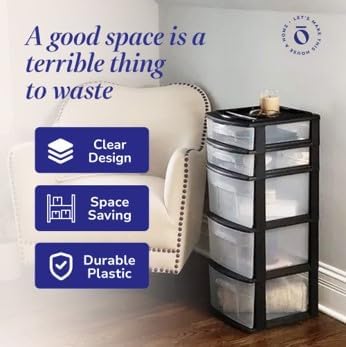 HOMZ 2-Pack 5-Drawer Storage Unit, Home & Office Plastic Organizer, Black Frame