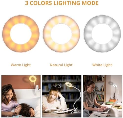 Desk Clip on Lamp for Reading Home Office, with 5V 2A Adapter, 10 Dimmable Brightness 3 Modes, Clamp Reading Light for Bed Headboard, Craft (White)…