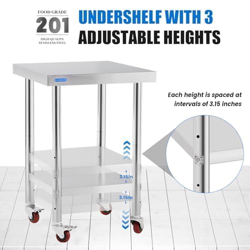 Stainless Steel Table for Prep & Work with Undershelf 24 x 24 Inches NSF Metal Commercial Kitchen Prep Table with Adjustable Under Shelf Worktable for Restaurant Home Outdoor
