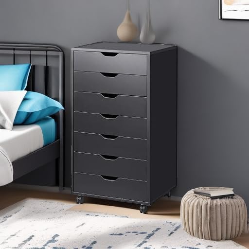DEVAISE 7-Drawer Chest, Wood File Cabinet with Wheels, Black