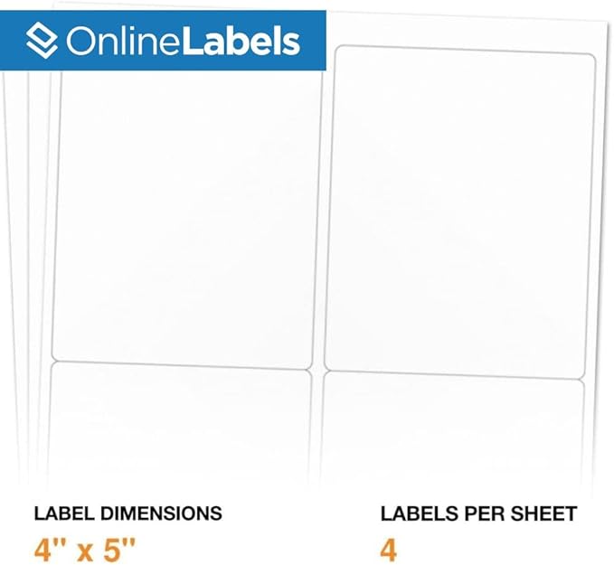 4 x 5 Rectangle Mailing Labels - Permanent, White Matte - Shipping, Wine, Product - Pack of 40,000-10,000 Sheets - Inkjet/Laser Printers - Online Labels