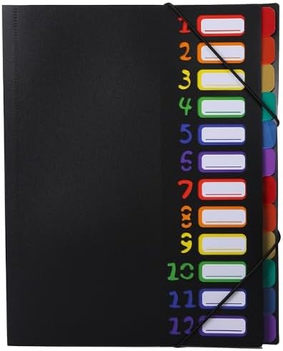 24 Clear Pocket Expanding File Folder with 12 Colored Tabs,Durable A4 Letter Size Organizer,Holds 300 Sheets, Project File Organizer, Numbered Index on Cover,Water-Resistant (Black)