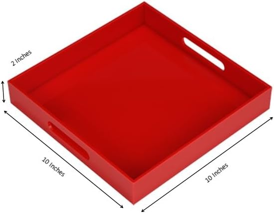 Sturdy Red Acrylic Serving Tray with Handles - 10x10Inch, Coffee/Appetizer/Butler Tray - Kitchen Countertop & Vanity Table Organizer