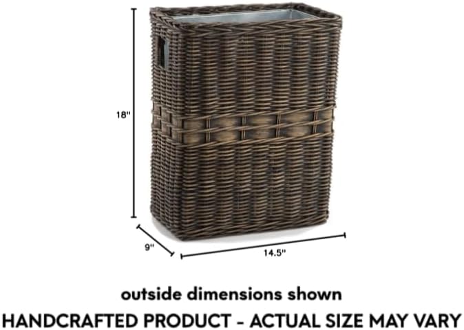 The Basket Lady Large Rectangular Wicker Waste Basket with Metal Liner, 14.5 in L x 9 in W x 18 in H, Antique Walnut Brown