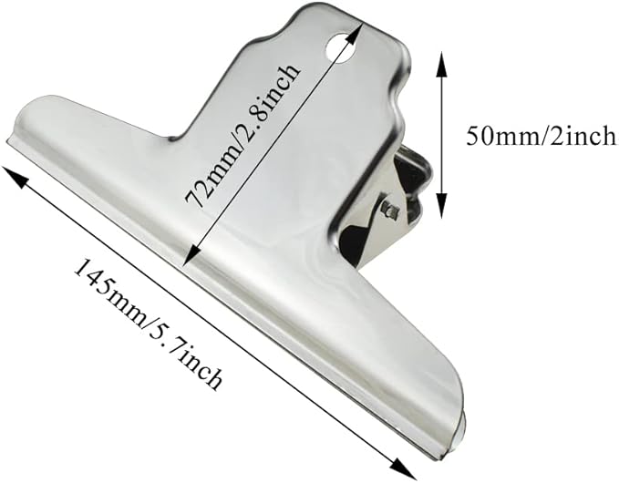 HAHIYO 5.7inch Silver Bulldog Clips Metal File Hinge Binder Clamps Save Space Strong Spring Jaws Rock Solid Grip Book Lay Flat Deburred Edge for Hang Photos Wall Grid Dog Food 5PCS