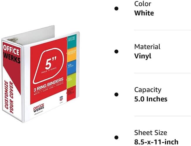 3 Ring Binder, Professional D Ring Binder 5 Inch, Presentation Folder for Standard Pages 8.5 x 11 with Pockets, Crystal Clear View White Binder (4 Pack)