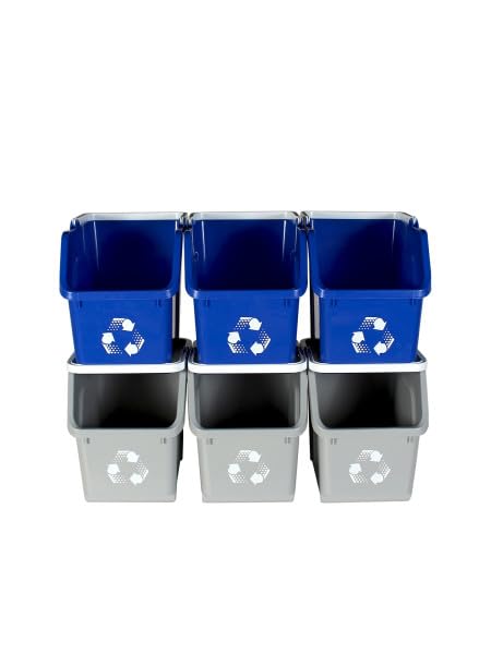 Multi Recycling System with Three Stackable 5 Gallon Bins to Build Your Recycling Center for Offices, Homes, Garages, Businesses - (6 Pack, Blue/Grey)