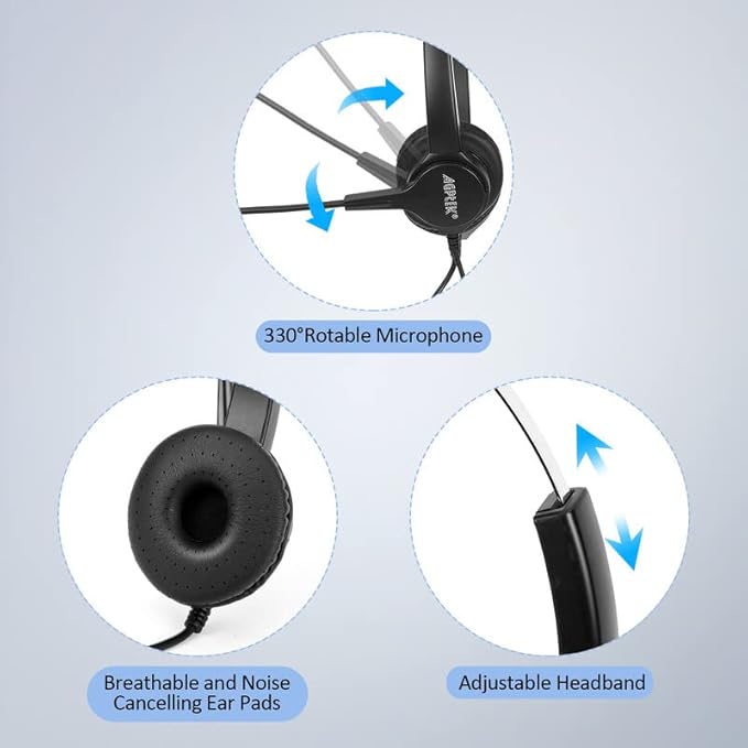 AGPTEK Hands-Free Call Center Noise Cancelling Corded Binaural Headset Headphone with 4-Pin RJ9 Crystal Head and Mic Microphone for Desk Phone - Telephone Counselling Services, Insurance, Hospitals