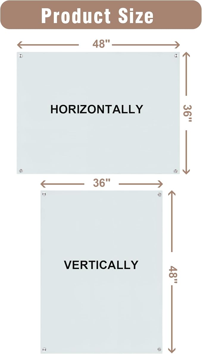 Magnetic Glass Whiteboard，48"x36" Wall Mounted Frameless Dry Erase Board for Office, Home & School White