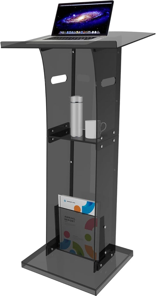 Acrylic Podium Stand with Storage Shelf,Segmented Black Lecterns & Podiums,Pulpits for Churches、Conference、Speeches、Weddings、Classroom、Concert,47" H Professional Presentation Podiums