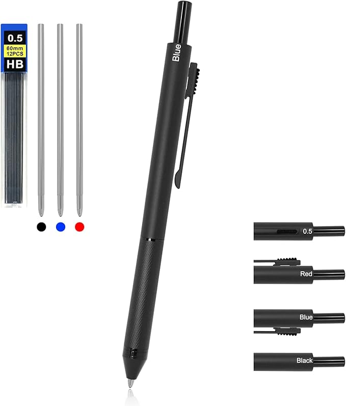 YOUMI Multicolor pen 4 in 1 Multifunction Pen with Metal Cased 0.5mm Mechanical Pencil Red Ballpoint Pen Blue BallpointPen and Black Ballpoint Pen Gift for Journaling (Black)